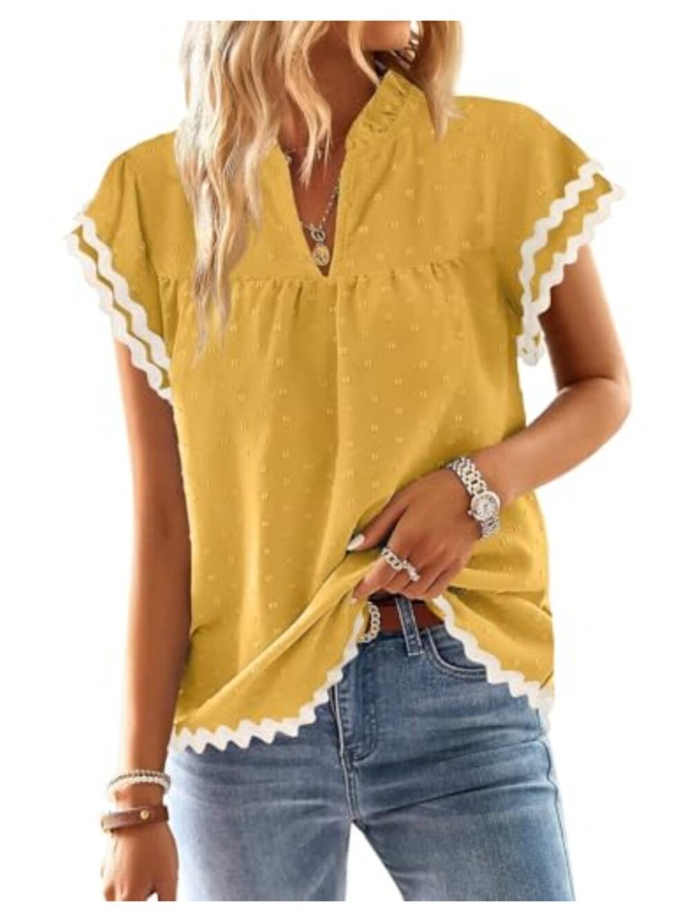 Womens Boho Ruffle Sleeve Flowy V Neck Smocked Top Summer Casual